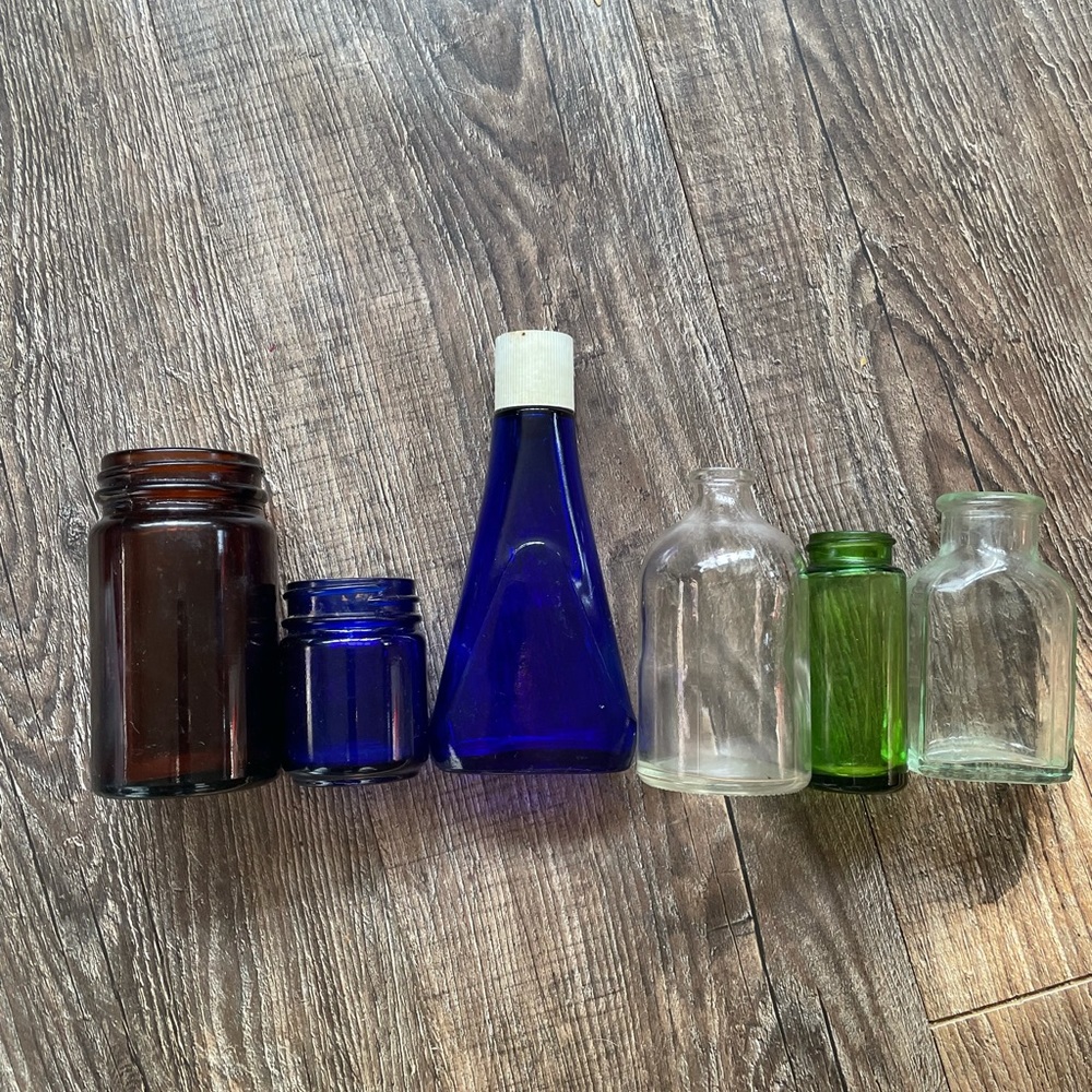 Vintage Blue clear Green Glass Jar Medicine Bottles